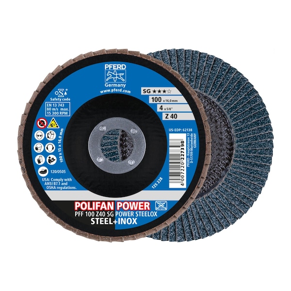 Pferd 4" x 5/8" A.H. POLIFAN Flap Disc - Z SG POWER STEELOX, Zirconia, 40 Grit, Flat 62138 - main